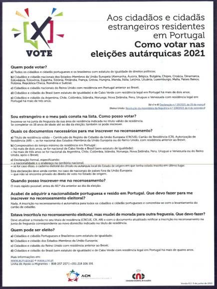 Cidad&atilde;os e cidad&atilde;s estrangeiros residentes em Portugal. Como votar nas elei&ccedil;&otilde;es aut&aacute;rquicas 2021.
